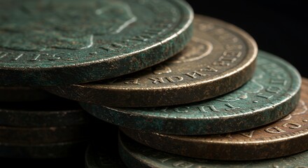 Close-up of Stacked Antique Coins with Patina