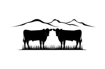 Cattle Angus Cow  Grass silhouette livestock farm logo design illustration