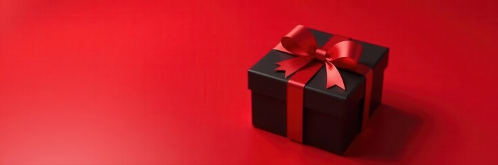 Obraz premium Overhead black gift box with vibrant red bow, red backdrop, isolated, elegant, celebration