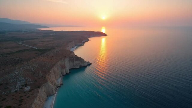 Aerial Drone View of Cyprus Mediterranean Coastline at Sunrise and Sunset