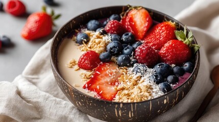 Healthy smoothie bowl with yogurt and organic berries dessert concept. A vibrant bowl of mixed berries and granola for a healthy breakfast.