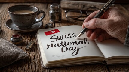 Hand writing Swiss National Day in notebook on rustic wooden table with coffee and ink perfect for editorial content, national celebrations and storytelling visuals