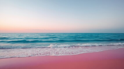 Obraz premium Serene pink sand beach at sunset with gentle ocean waves lapping the shore creating a tranquil and idyllic seascape.