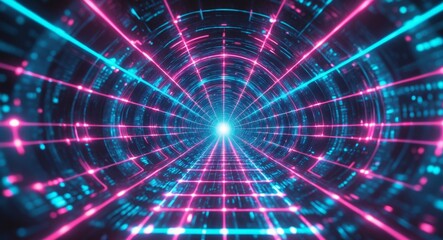 Obraz premium Futuristic Tunnel with Neon Grid. A Cyberpunk Journey into the Digital Core.