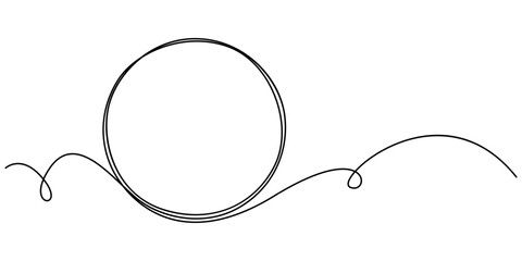 Continuous one line drawing of black circle. Round frame sketch outline on white background. Doodle illustration, Circle line one frame art hand single shape vector zen drawn abstract round. pro style