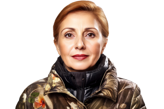 Attractive mature woman portrait, floral pattern jacket, cut out transparent - Powered by Adobe