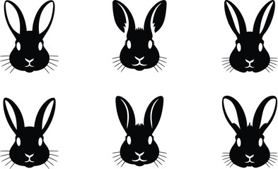 Six silhouettes of cute black rabbits faces