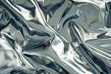 close up horizontal image of a shiny wrinkled silver foil background surface