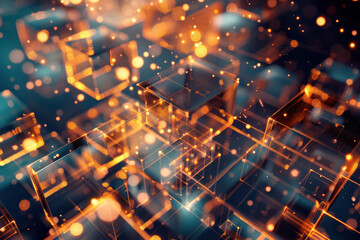 close up horizontal illustration of glowing futuristic geometric shapes floating