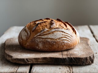 Freshly Baked Sourdough Bread on a Wooden Cutting Board, Rustic Still Life