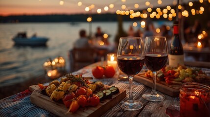 Summer lakeside dinner with wine and grilled vegetables at golden hour during Swiss National Day celebration with lights and people enjoying festive food by the water