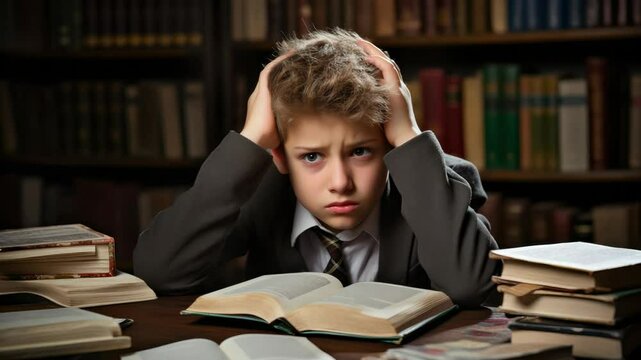 Frustrated young student studying in library surrounded by books