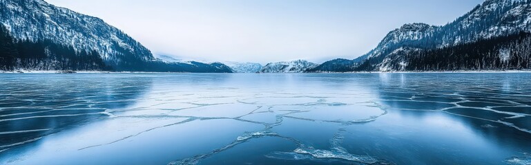 Obraz premium Cracked Ice Reflecting Light on a Smooth Glass-like Surface of a Serene Lake in Winter