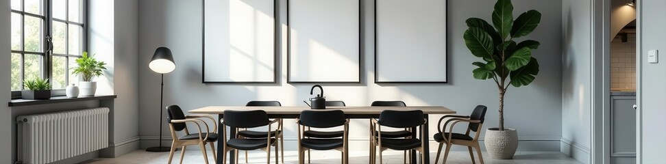 Three frame poster mockup in a stylish Scandinavian dining room, black table and chairs, sunlit gray walls , minimalist, clean