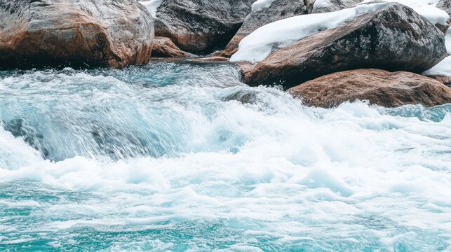 Cold mountain stream rapids, winter snow, nature background, website banner