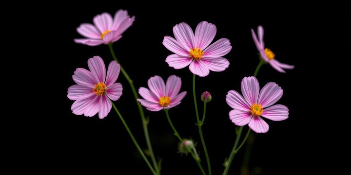 Delicate pink Cosmos bipinnatus flowers isolated on black background, pink, stock photo