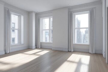 Fototapeta premium Empty, sunlit, spacious room with large windows