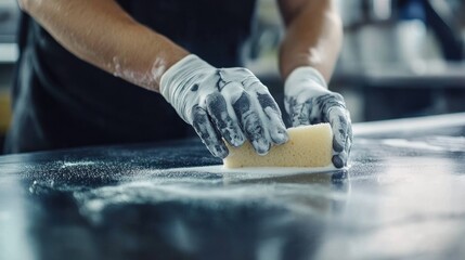 Gloved Hands Scrub a Surface with Sponge
