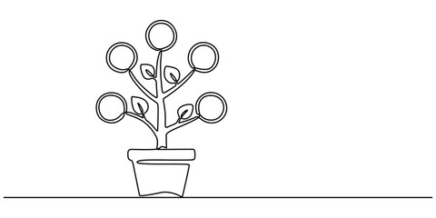 Money Tree Continuous Line Icon, One Continuous Line Drawing of Investment Icon. Single Line Vector Illustration, Growing money continuous one line drawing. Watering plant with dollar harvest.
