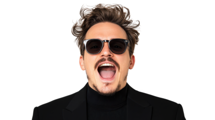 Humorous closeup portrait of a bearded man in sunglasses making funny face funny