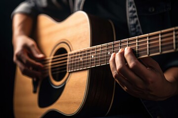 Fototapeta premium Person playing an acoustic guitar with dark background