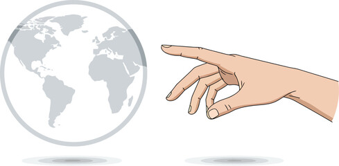 Hand Touching Hologram Globe - Minimalist Vector