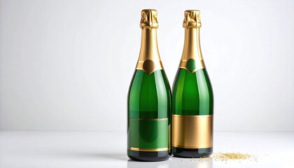 Two elegant champagne bottles on a white surface.