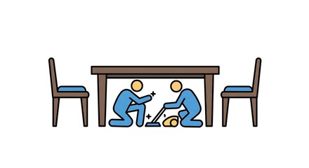 Fototapeta premium Two people cleaning under a table with a vacuum and tool. Home maintenance, tidying, and repair concept icon.