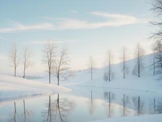 Winters Reflection. Bare Trees and Snowy Landscape Mirrored in Calm Waters.