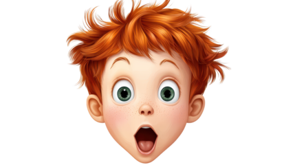 Captivating cartoon boy with vibrant red hair and striking green eyes, a whimsical illustration
