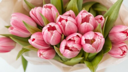 Fototapeta premium A lovely bouquet of fresh pink tulips is artfully arranged in soft paper wrapping for a beautiful gift.