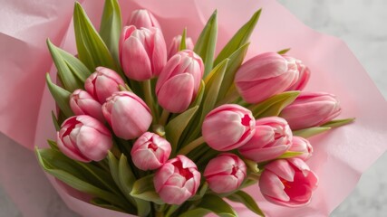 Obraz premium A beautiful bouquet of pink tulips is artfully arranged in delicate pink wrapping paper on a marble surface.