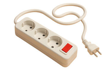 Cream-colored power strip with three outlets and a red switch.  Neatly coiled cord. 3D plastic style icon. Isolated on transparent or white background