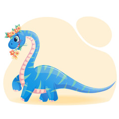 A cute dinosaur with flowers in its mouth and on its head. A charming prehistoric animal with a long neck. Isolated vector illustration for design, prints and patterns