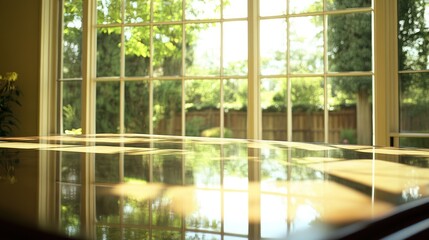 Sunny room, large window, garden view, table reflection, home interior design