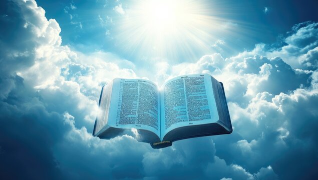 Holy book aloft in a celestial expanse