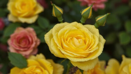 A vibrant yellow rose blooms beautifully amongst other roses and unopened buds in a lush garden setting.