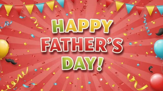 A vibrant and festive Father's Day greeting card design with colorful and gorgious text reading 'Happy Father's Day!' surrounded by lots of confetti, cheerful bunting flags, and a asthetic&nbsp; background