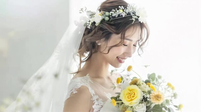 結婚イメージ。日本人女性の新婦の横顔。キラキラ光に輝くウェディングシーン。ブーケを持つ花嫁。
