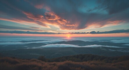 Fototapeta premium Golden Hour Mountain View. A Serene Landscape with Clouds, Forest, and Beautiful Sky.