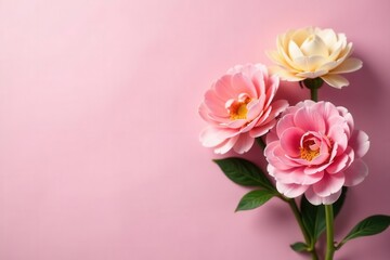 Fototapeta premium Pastel ranunculus bouquet, pink background Top view floral composition , blossom, floral design, flower arrangement