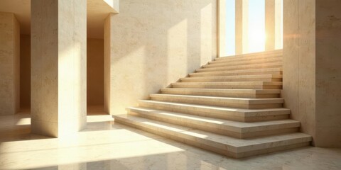 Obraz premium Sunlit Stone Staircase Ascending Towards a Bright Future in a Modern Minimalist Structure