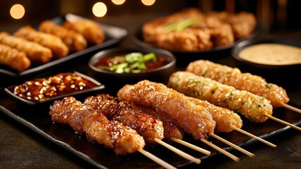 Crispy Tempura Selection on Glossy Ceramic Plate with Dipping Sauces in Elegant Presentation