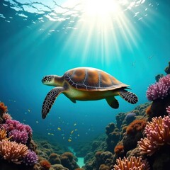 Obraz premium Majestic Sea Turtle Gracefully Swims Coral Reef Paradise Underwater Beauty