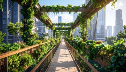 Obraz premium Lush Hanging Garden Over Bridge in Modern Cityscape with Skyscrapers