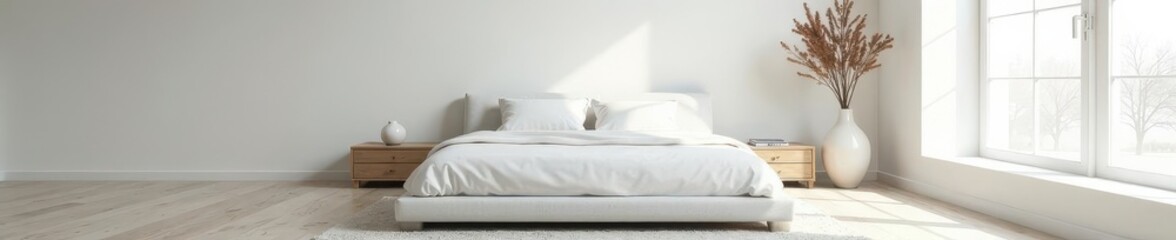 Simple minimalist bedroom Big bed, white walls, empty space , home decor, image, bedroom interior