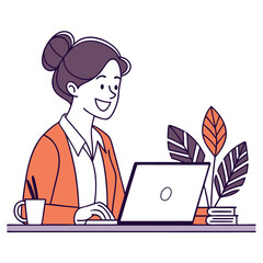Happy female worker working using a laptop. Adobe Illustrator Artwork