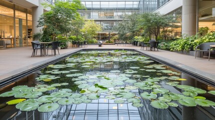 Office building atrium with pond, plants, seating