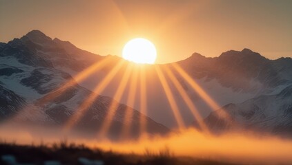 Stunning sunrise over snow-capped mountains, with golden rays illuminating the sky, creating a peaceful and majestic scene of nature's beauty