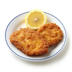 Two crispy breaded cutlets on a plate, alongside a lemon wedge